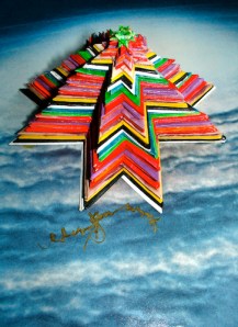 Leo Jean's Starlike© Across Distance Leo Jean's Starlike© Across Distance: Unique paper sculpture atop oak wall plaque